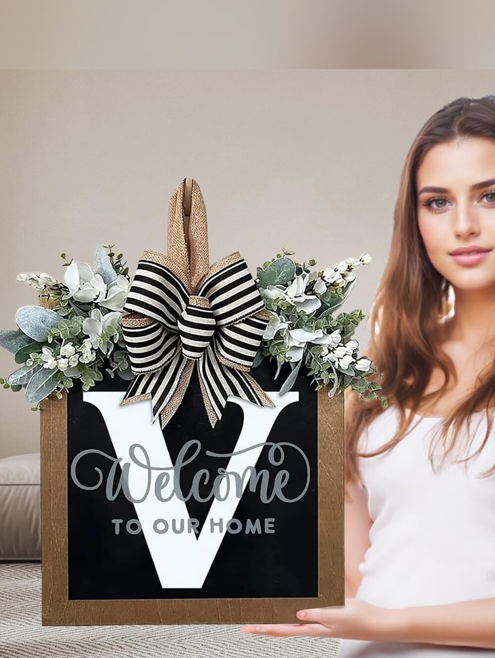 Large Welcome Monogram V Door Sign Wreath Black/White Stripe Bow Floral Greenery